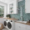 Glossy sea blue glass fish scale mosaic tile backsplash in kitchen setting