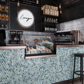 Glossy blue glass fish scale mosaic tile on kitchen counter backsplash and front panel