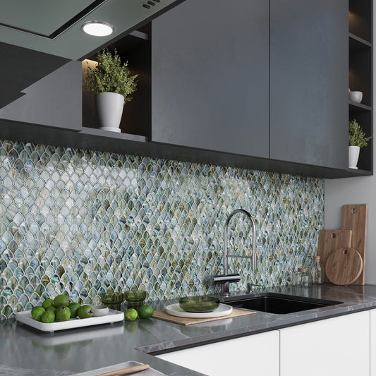 Sample-Blue Silver 11x11 Glossy Fan Fish Scale Glass Mosaic Tile (10 pack, 8.48 sq ft/case)