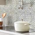 Snow white glossy glass mosaic tile with kaleidoscope pattern on kitchen backsplash