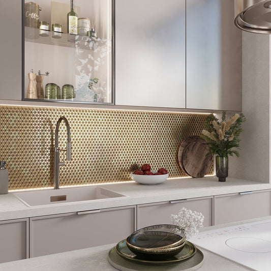Glossy gold glass triangle mosaic tile backsplash in kitchen wall application