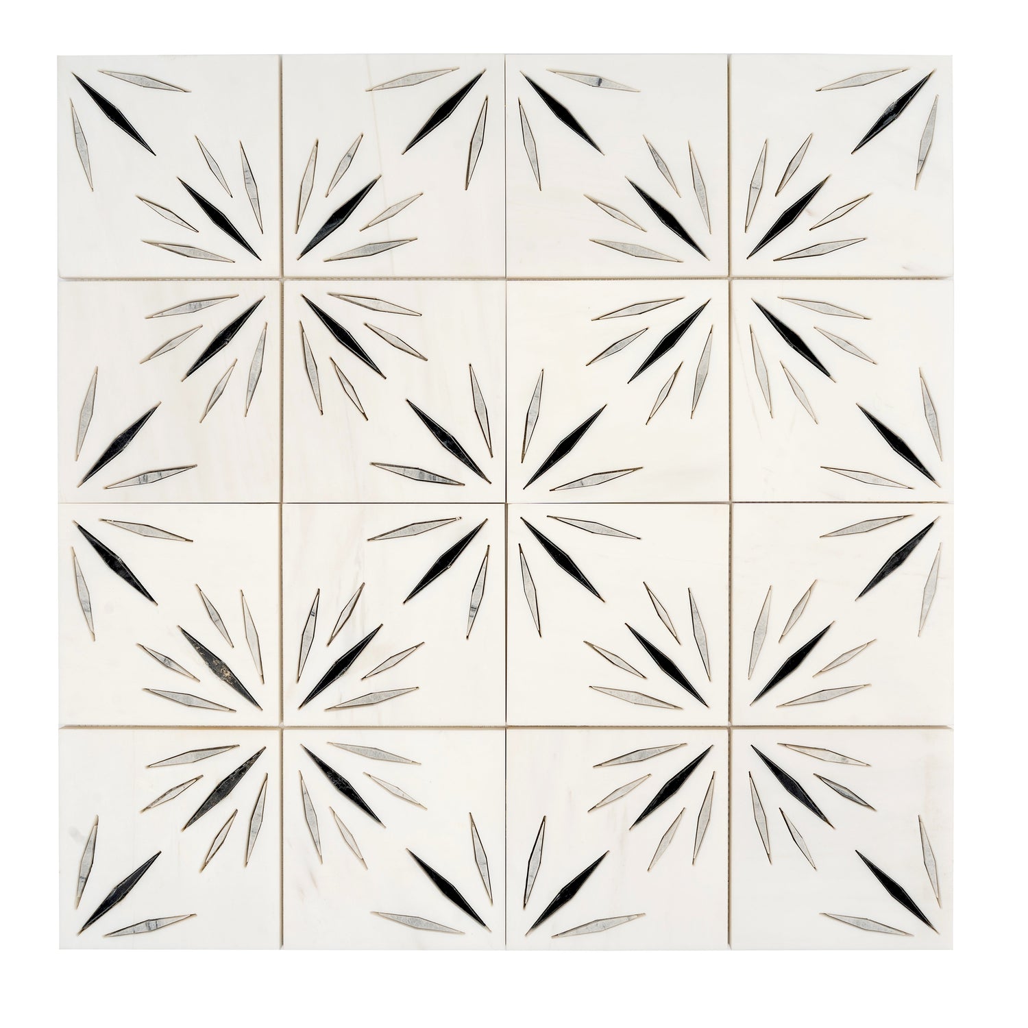 Sample - White 12x12 Honed Dolomite, Ice Grey, Ania Black Starburst Mosaic Tile (5 sq ft/case, 5-Pack)