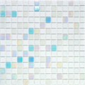 Glossy cotton white glass mosaic tile with sky blue and iridescent square accents in 12x12 layout