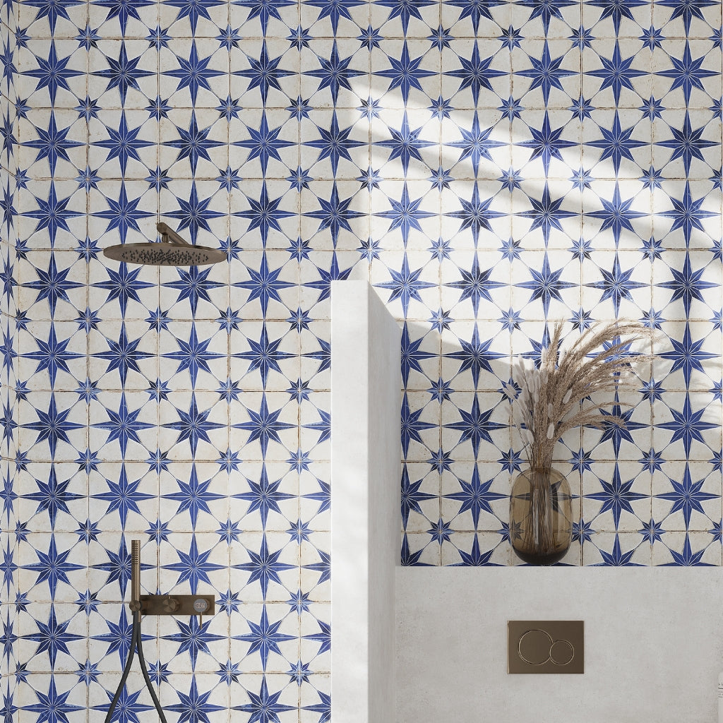 blue white 9x9 matte-layer tech star square porcelain tile wall with star pattern