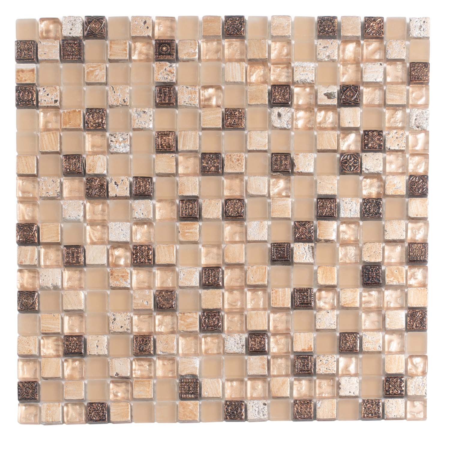Beige Brown 12x12 Glossy Foiled Square Glass Resin Stone Mosaic Tile (5 pack, 4.75 sq ft/case) - Sample