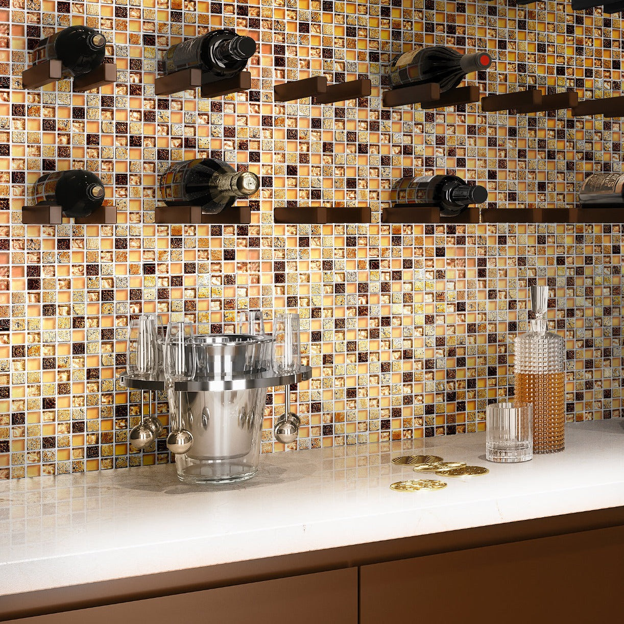 Beige Brown 12x12 Glossy Foiled Square Glass Resin Stone Mosaic Tile (5 pack, 4.75 sq ft/case) - Sample