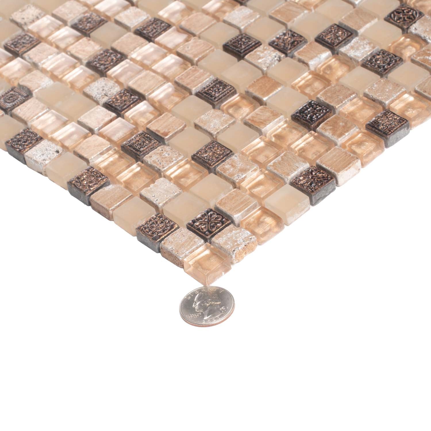 Beige Brown 12x12 Glossy Foiled Square Glass Resin Stone Mosaic Tile (5 pack, 4.75 sq ft/case) - Sample