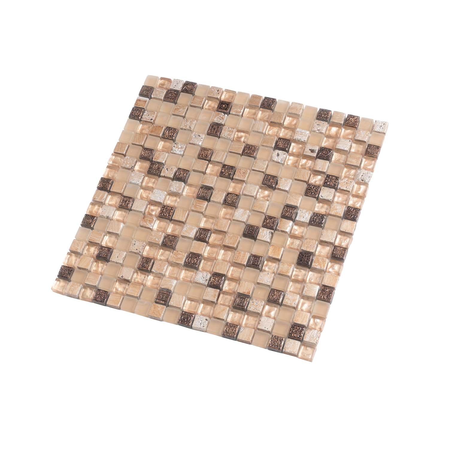 Beige Brown 12x12 Glossy Foiled Square Glass Resin Stone Mosaic Tile (5 pack, 4.75 sq ft/case) - Sample