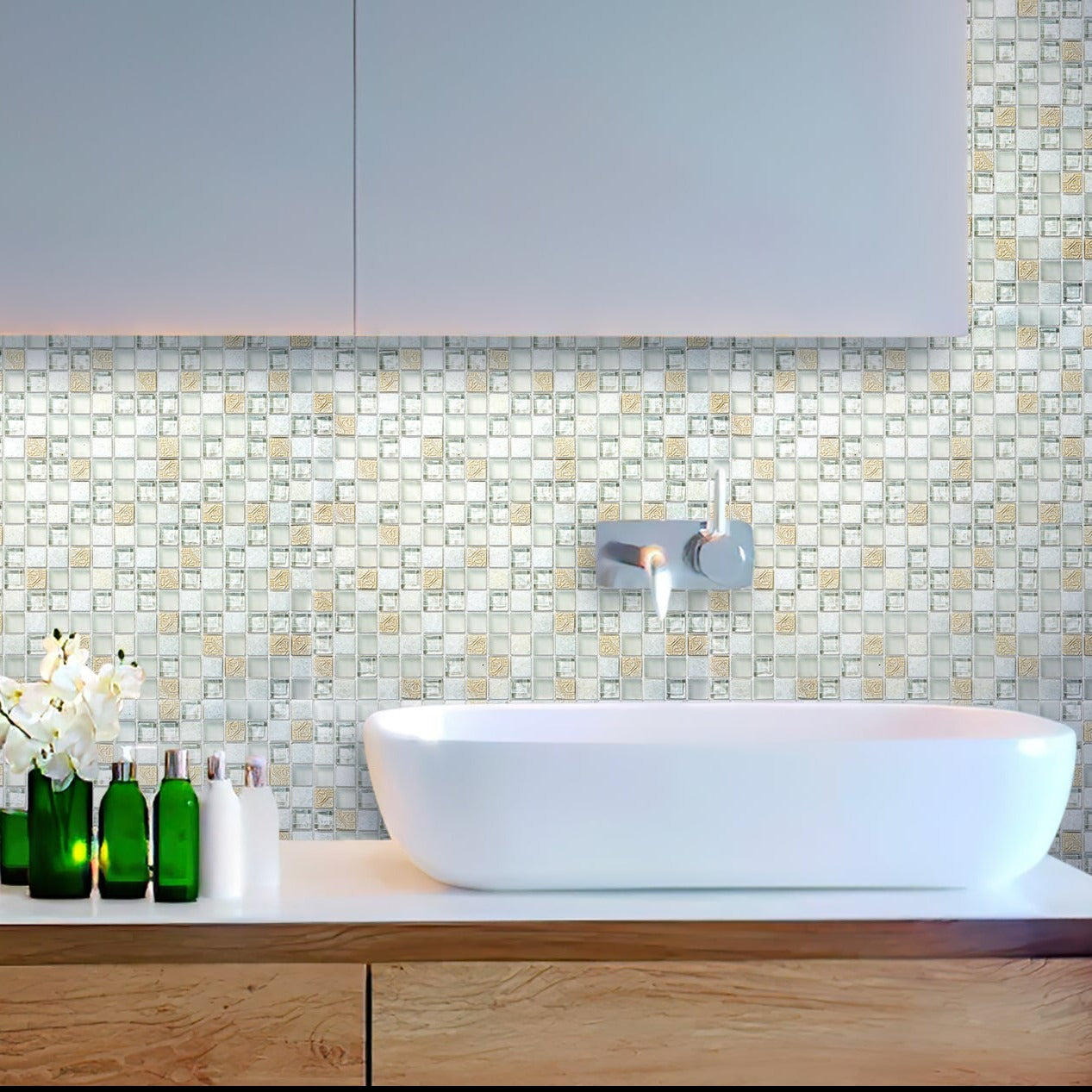 White 12x12 Glossy Foiled Square Glass Resin Stone Mosaic Tile (5 pack, 4.75 sq ft/case) - Sample