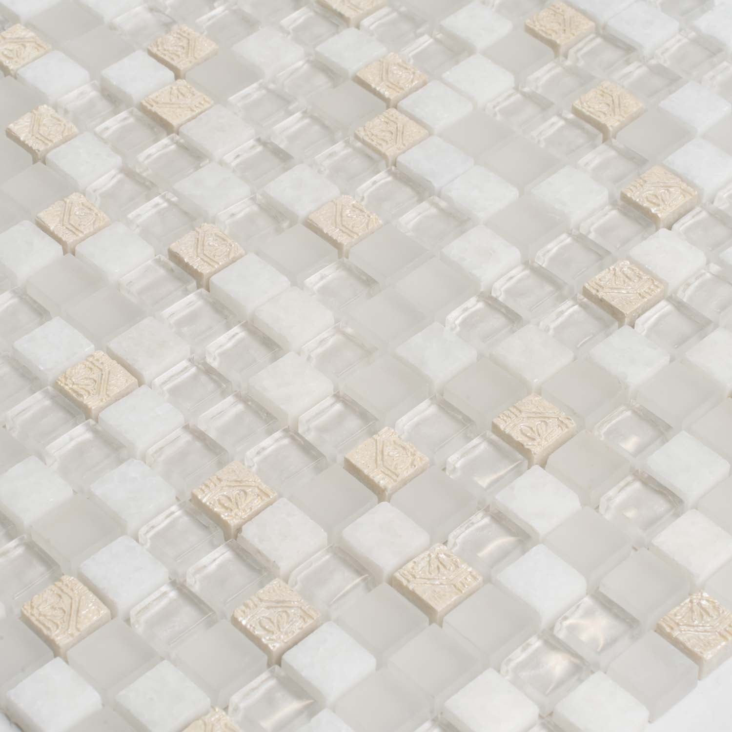 White 12x12 Glossy Foiled Square Glass Resin Stone Mosaic Tile (5 pack, 4.75 sq ft/case) - Sample