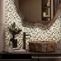 Beige polished 12x12 square glass resin stone mosaic tile on bathroom wall