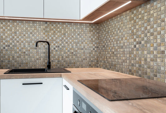 Beige Gray 12x12 Polished Square Glass Resin Stone Mosaic Tile (5 pack, 4.75 sq ft/case) - Sample