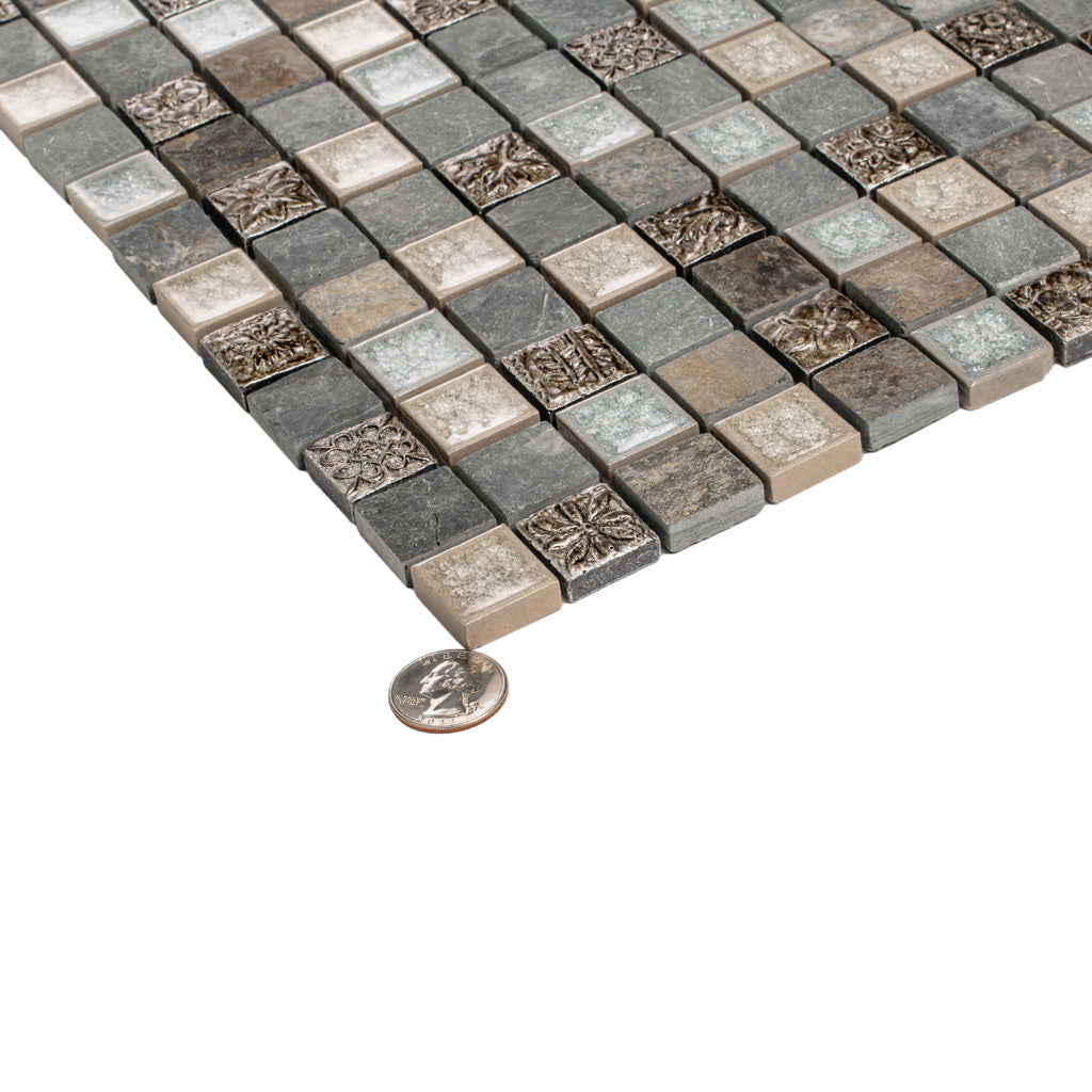 Beige Gray 12x12 Polished Square Glass Resin Stone Mosaic Tile (5 pack, 4.75 sq ft/case) - Sample