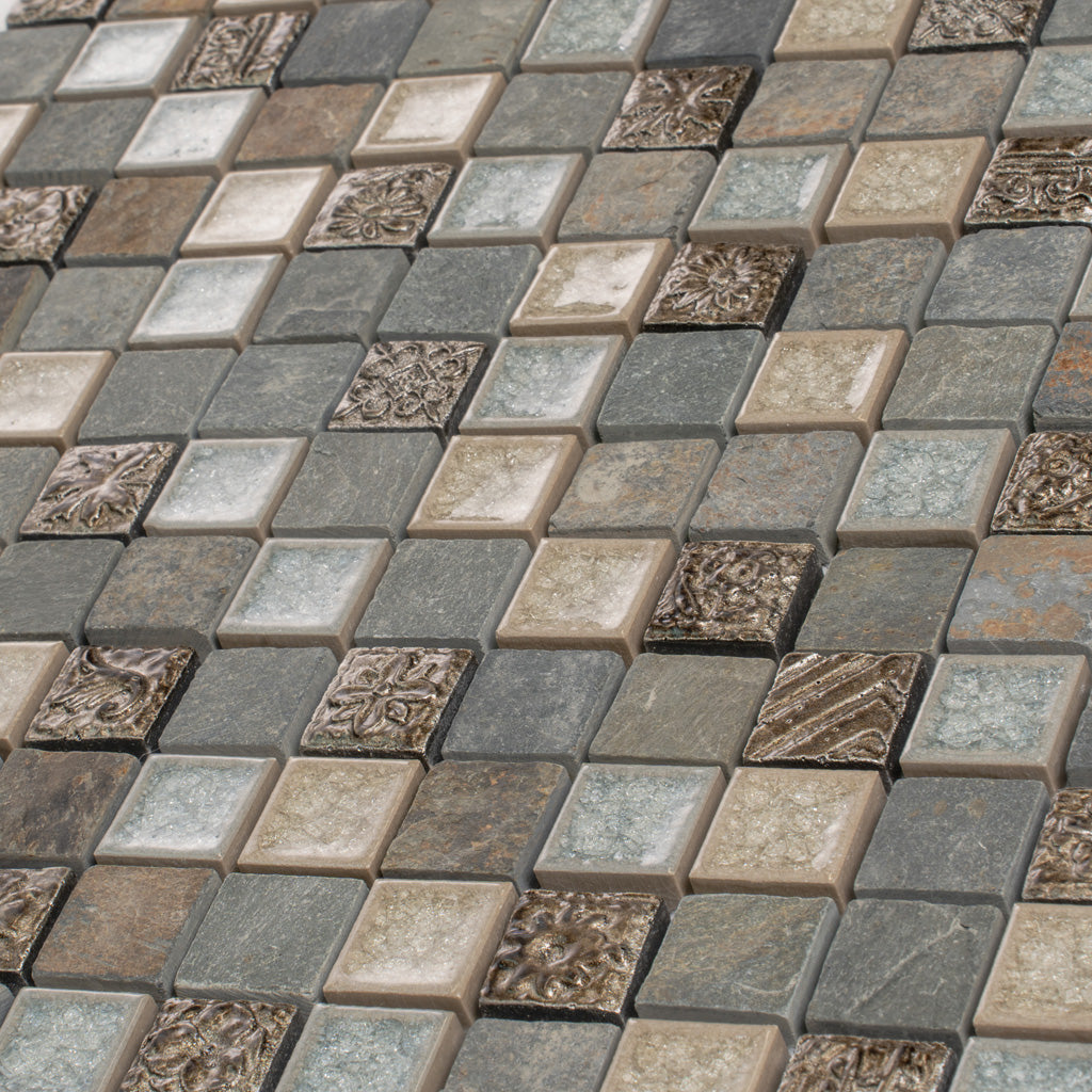 Beige Gray 12x12 Polished Square Glass Resin Stone Mosaic Tile (5 pack, 4.75 sq ft/case) - Sample
