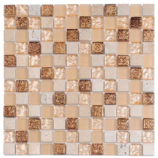 Beige 12x12 Square Glossy Foiled Glass Resin Stone Mosaic Tile (5 pack, 4.75 sq ft/case) - Sample