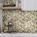 Beige glossy foiled square glass resin stone mosaic tile on kitchen backsplash
