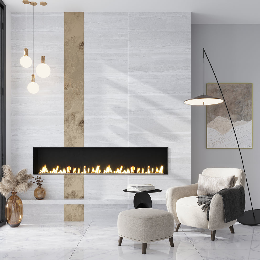 Light Gray 12x36 Matte Stone Look Ceramic Large Tile on a fireplace surround