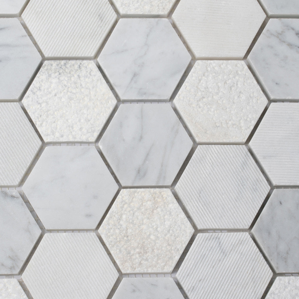 White 12x12 Polished Etched Hexagon Marble Mosaic Tile (5 pack, 4.92 sq ft/case) - Sample
