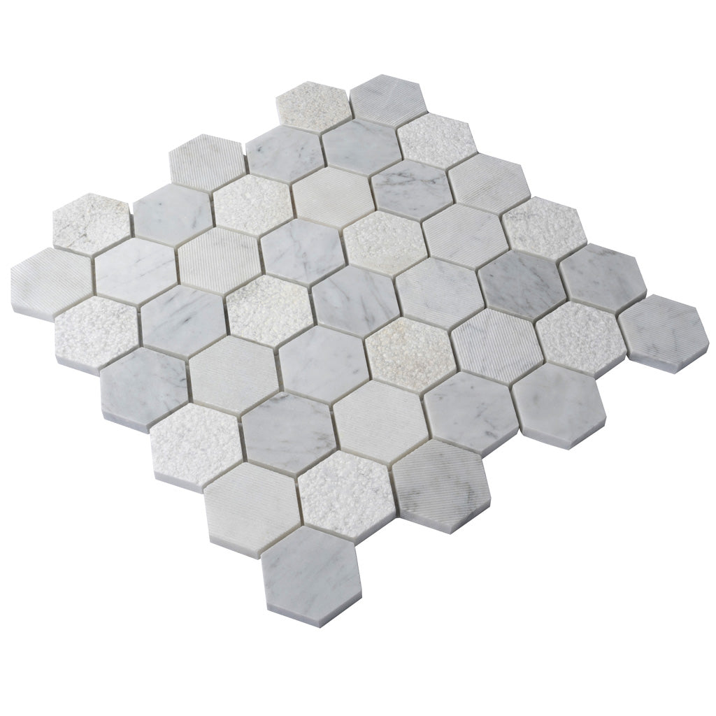 White 12x12 Polished Etched Hexagon Marble Mosaic Tile (5 pack, 4.92 sq ft/case) - Sample