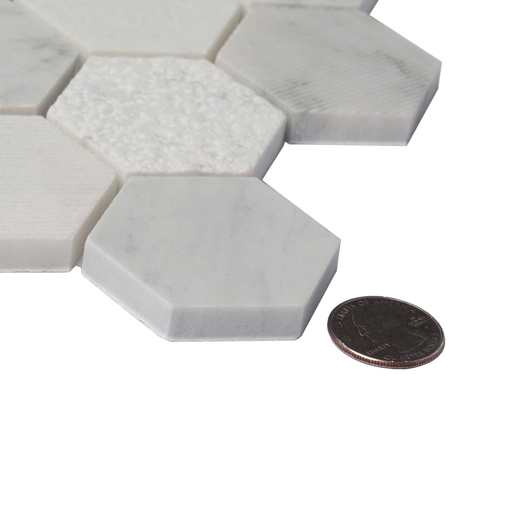 White 12x12 Polished Etched Hexagon Marble Mosaic Tile (5 pack, 4.92 sq ft/case) - Sample