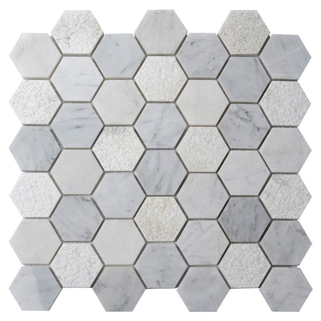 White 12x12 Polished Etched Hexagon Marble Mosaic Tile (5 pack, 4.92 sq ft/case) - Sample