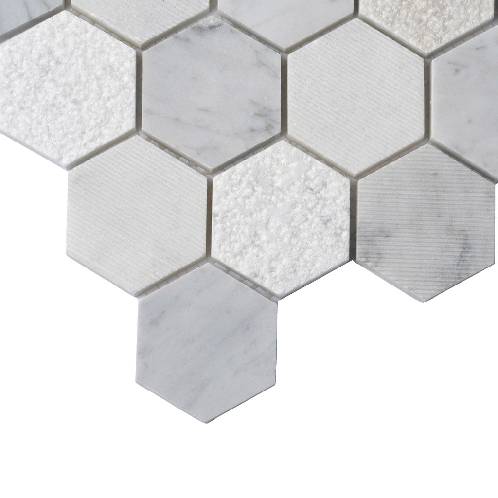 White 12x12 Polished Etched Hexagon Marble Mosaic Tile (5 pack, 4.92 sq ft/case) - Sample