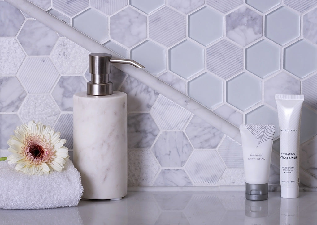 White 12x12 Polished Etched Hexagon Marble Mosaic Tile (5 pack, 4.92 sq ft/case) - Sample