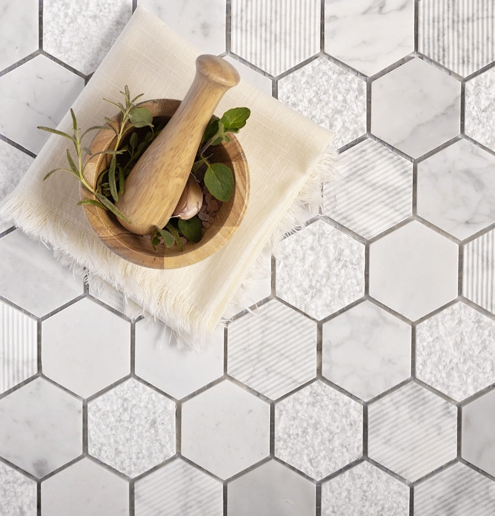 White 12x12 Polished Etched Hexagon Marble Mosaic Tile (5 pack, 4.92 sq ft/case) - Sample