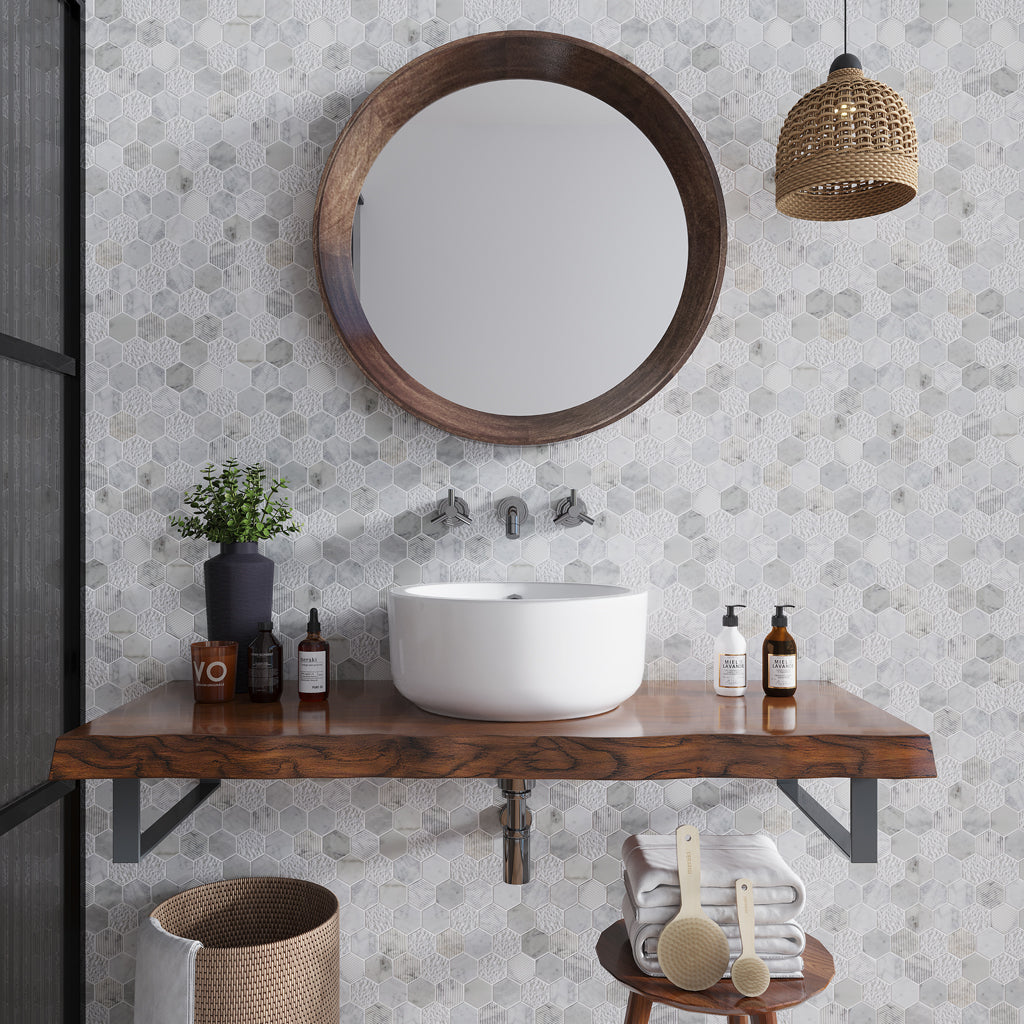 White 12x12 Polished Etched Hexagon Bianco Carrara Marble Mosaic Tile (16 Cases, 78.72 sqft/Pallet)