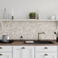 Beige hexagon polished and etched Crema Marfil marble mosaic tile backsplash in kitchen wall