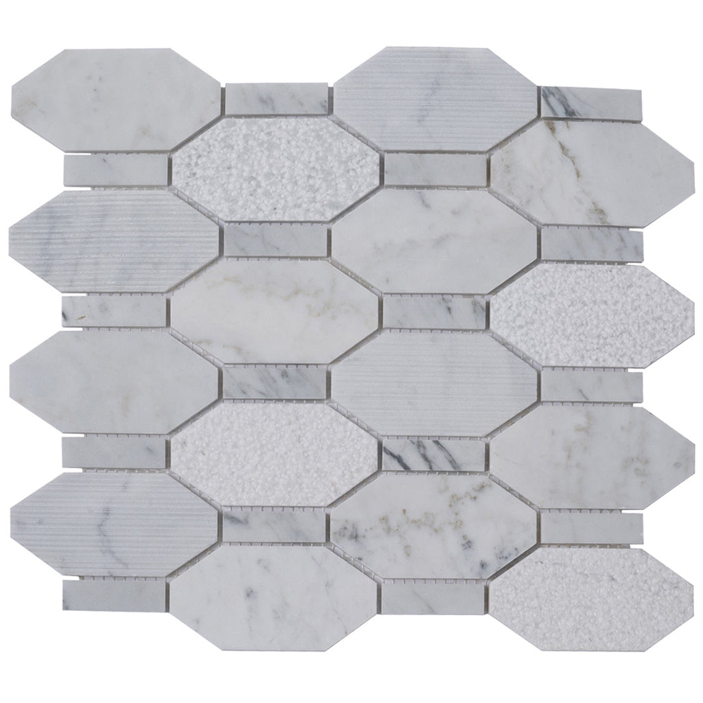 White 11x12 Polished Etched Hexagon Marble Mosaic Tile (5 pack, 4.66 sq ft/case) - Sample
