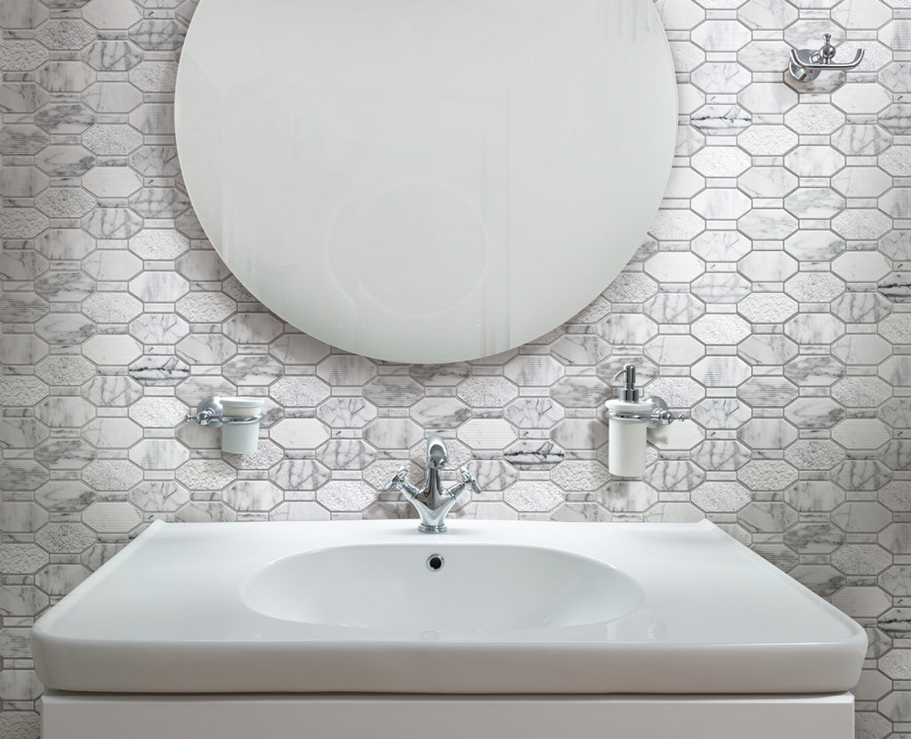 White 11x12 Polished Etched Hexagon Marble Mosaic Tile (5 pack, 4.66 sq ft/case) - Sample