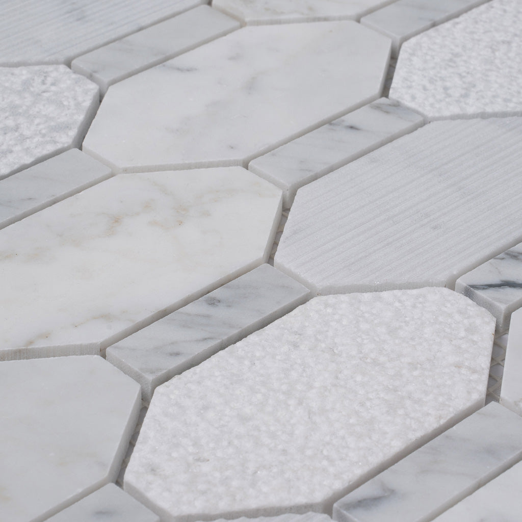 White 11x12 Polished Etched Hexagon Marble Mosaic Tile (5 pack, 4.66 sq ft/case) - Sample