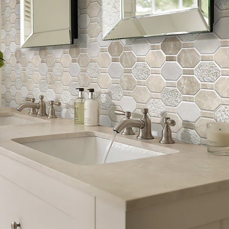 Beige 11x12 Polished Etched Hexagon Marble Mosaic Tile (5 pack, 4.66 sq ft/case) - Sample