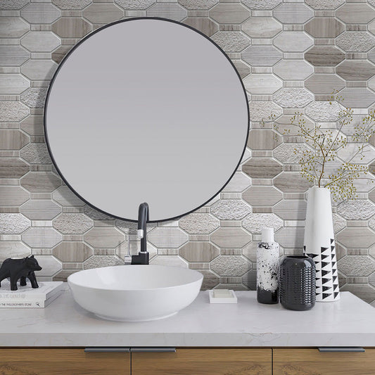 Sample-Wooden Grey 11x12 Polished Etched Hexagon Marble Mosaic Tile (5 pack, 4.66 sq ft/case)
