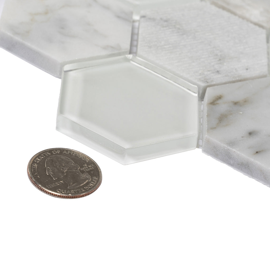 White 12x12 Polished Etched Hexagon Glass Marble Mosaic Tile (5 pack, 4.92 sq ft/case) - Sample