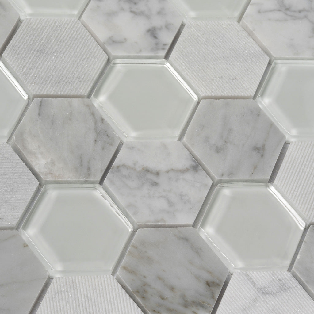 White 12x12 Polished Etched Hexagon Glass Marble Mosaic Tile (5 pack, 4.92 sq ft/case) - Sample