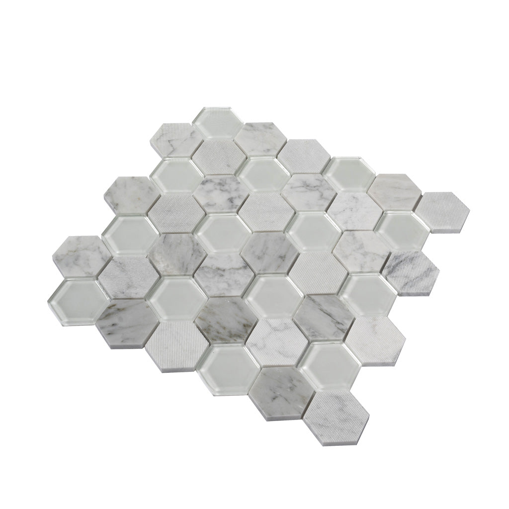 White 12x12 Polished Etched Hexagon Glass Marble Mosaic Tile (5 pack, 4.92 sq ft/case) - Sample