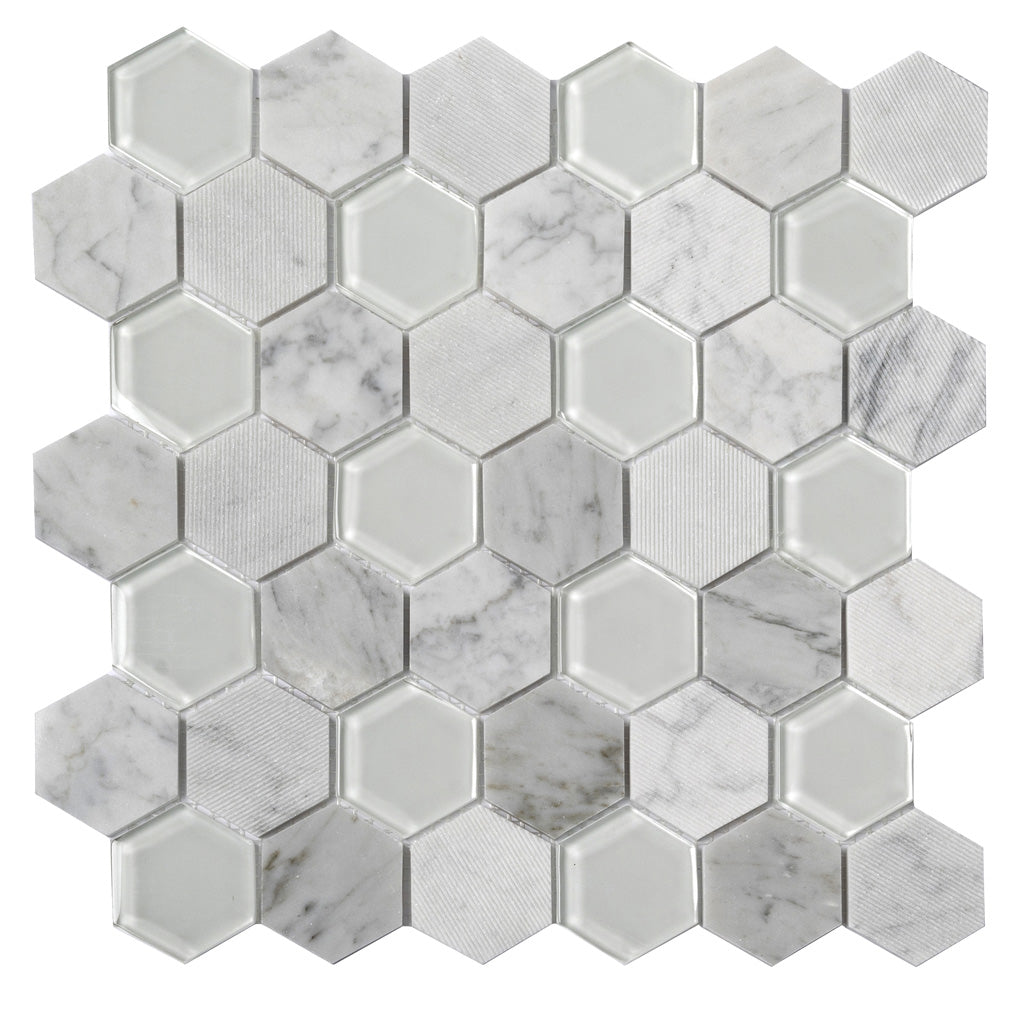 White 12x12 Polished Etched Hexagon Glass Marble Mosaic Tile (5 pack, 4.92 sq ft/case) - Sample