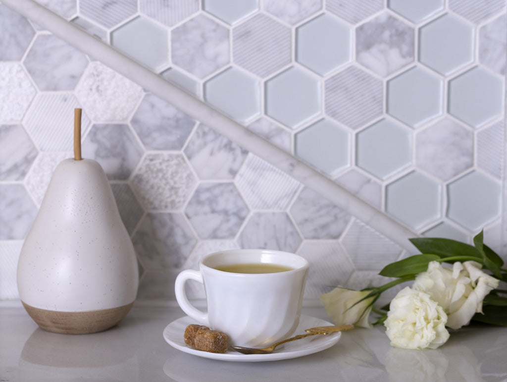 White 12x12 Polished Etched Hexagon Glass Marble Mosaic Tile (5 pack, 4.92 sq ft/case) - Sample
