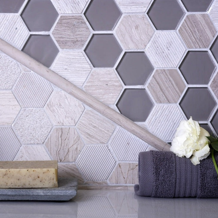 Gray Hexagon Glass Marble Tile
