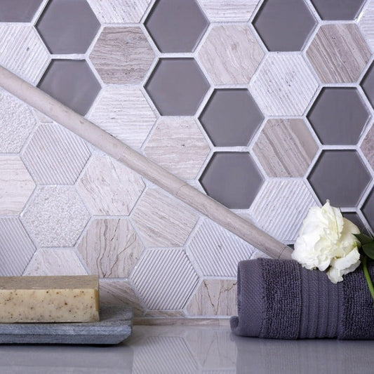 Gray 12x12 Polished Etched Hexagon Glass Marble Mosaic Tile (5 pack, 4.92 sq ft/case) - Sample