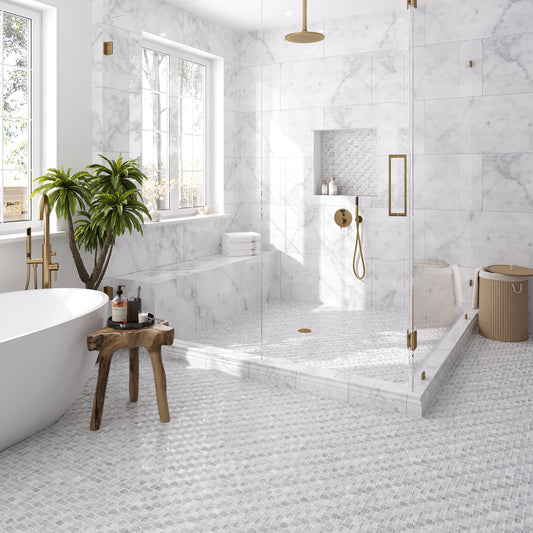 White 12x12 Polished Etched Brick Bianco Carrara Glass Marble Mosaic Tile (5 pack, 4.83 sq ft/case)