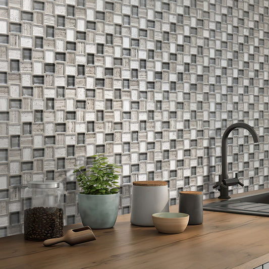 Sample-Wooden Grey Glass 12x12 Polished Etched Brick Marble Mosaic Tile (5 pack, 4.83 sq ft/case)