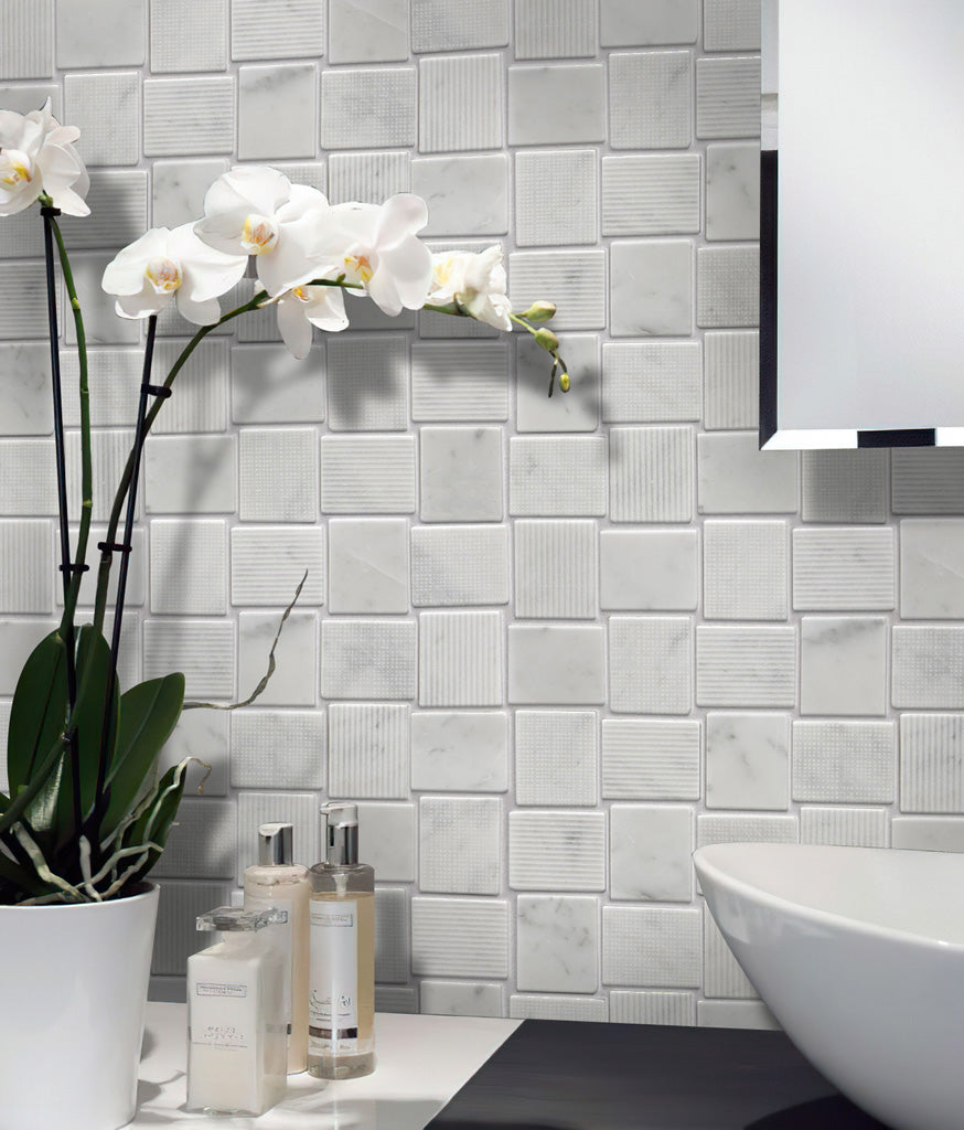 White 11x11 Polished Etched Brick Marble Mosaic Tile (5 pack, 4.13 sq ft/case) - Sample