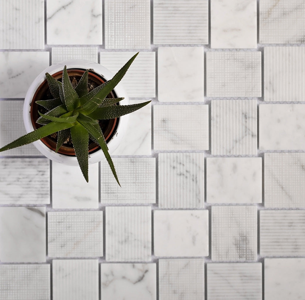 White 11x11 Polished Etched Brick Marble Mosaic Tile (5 pack, 4.13 sq ft/case) - Sample