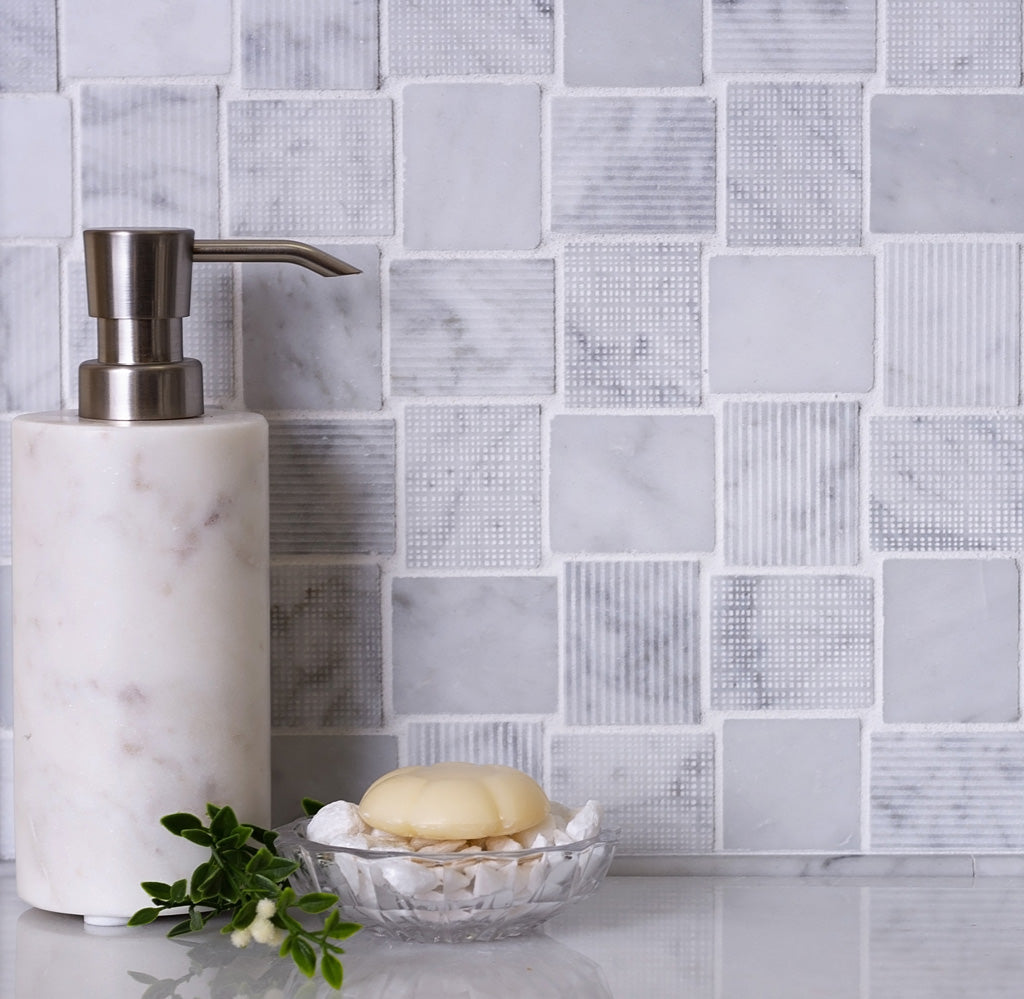 White 11x11 Polished Etched Brick Marble Mosaic Tile (5 pack, 4.13 sq ft/case) - Sample
