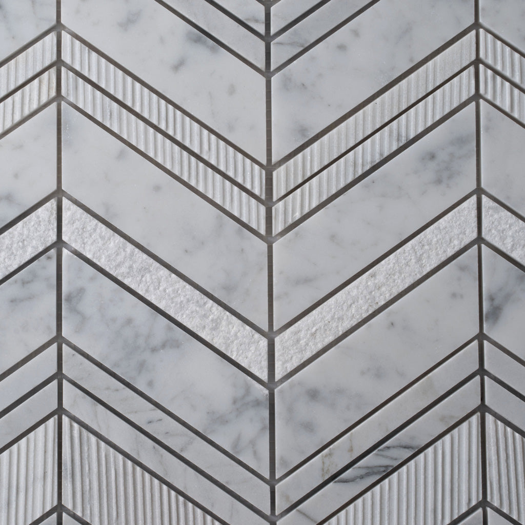 5 pack Gray and White 13 in. x 13.5 in. Marble Polished and Etched Chevron Mosaic Floor and Wall Tile (6.09 sq ft/case) - Sample
