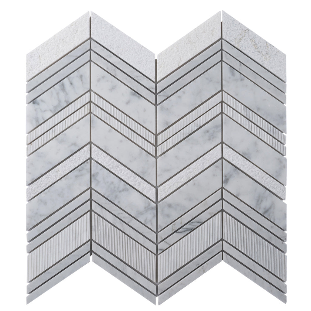 5 pack Gray and White 13 in. x 13.5 in. Marble Polished and Etched Chevron Mosaic Floor and Wall Tile (6.09 sq ft/case) - Sample