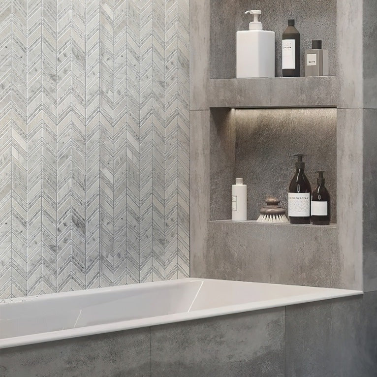 5 pack Gray and White 13 in. x 13.5 in. Marble Polished and Etched Chevron Mosaic Floor and Wall Tile (6.09 sq ft/case) - Sample